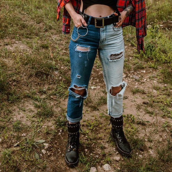 Split Leg Two-Tone Distressed Bleached Jeans - Picture 1 of 9